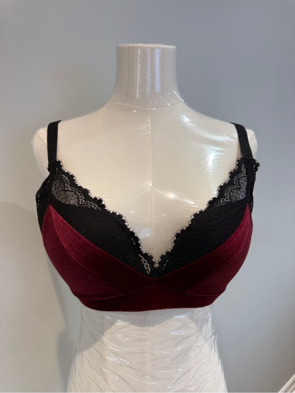 Lace Trim Velvet Bralette in Burgundy